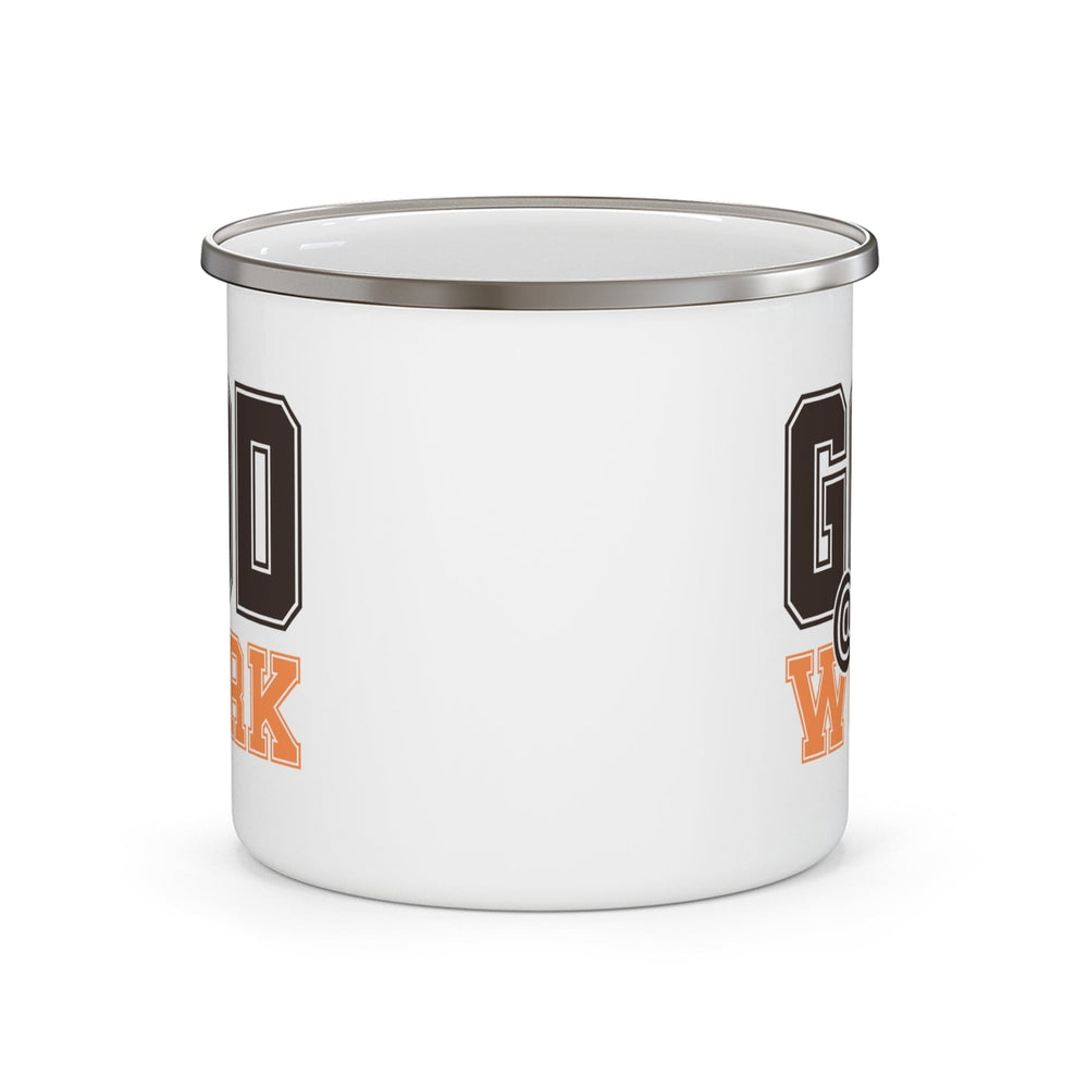 Enamel Camping Mug God @ Work Brown and Orange Print - Decorative | Enamel Mugs