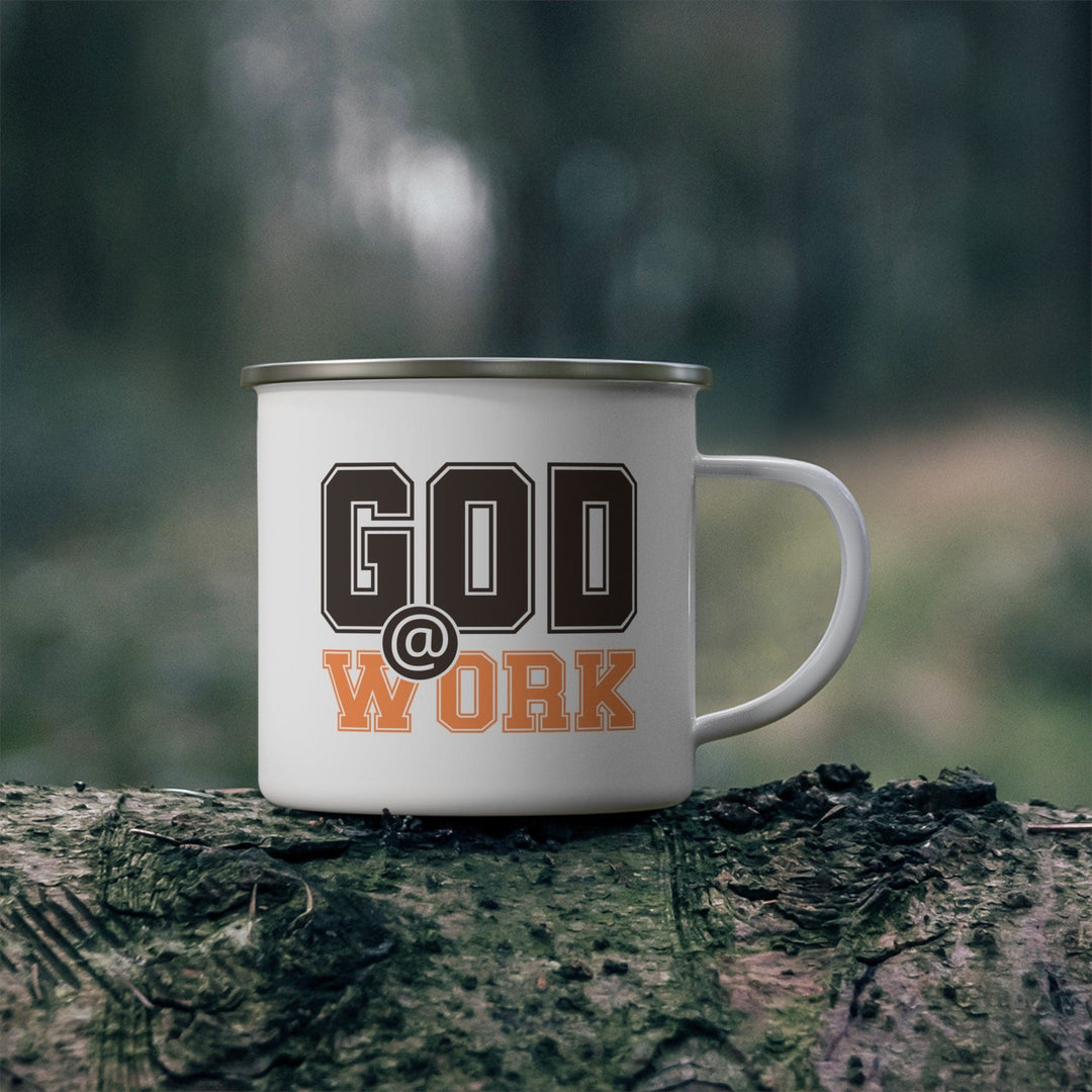 Enamel Camping Mug God @ Work Brown and Orange Print - Decorative | Enamel Mugs