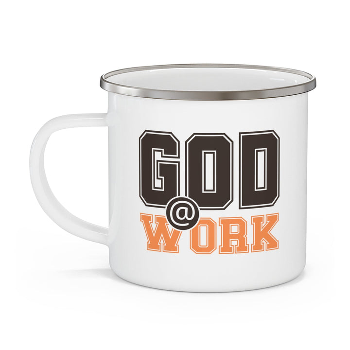 Enamel Camping Mug God @ Work Brown and Orange Print - Decorative | Enamel Mugs