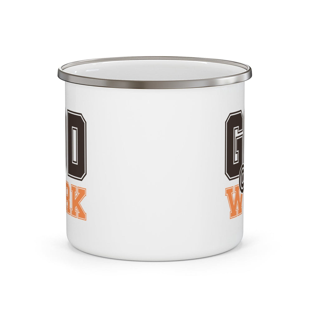 Enamel Camping Mug God @ Work Brown and Orange Print - Decorative | Enamel Mugs