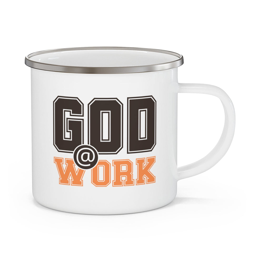 Enamel Camping Mug God @ Work Brown and Orange Print - Decorative | Enamel Mugs