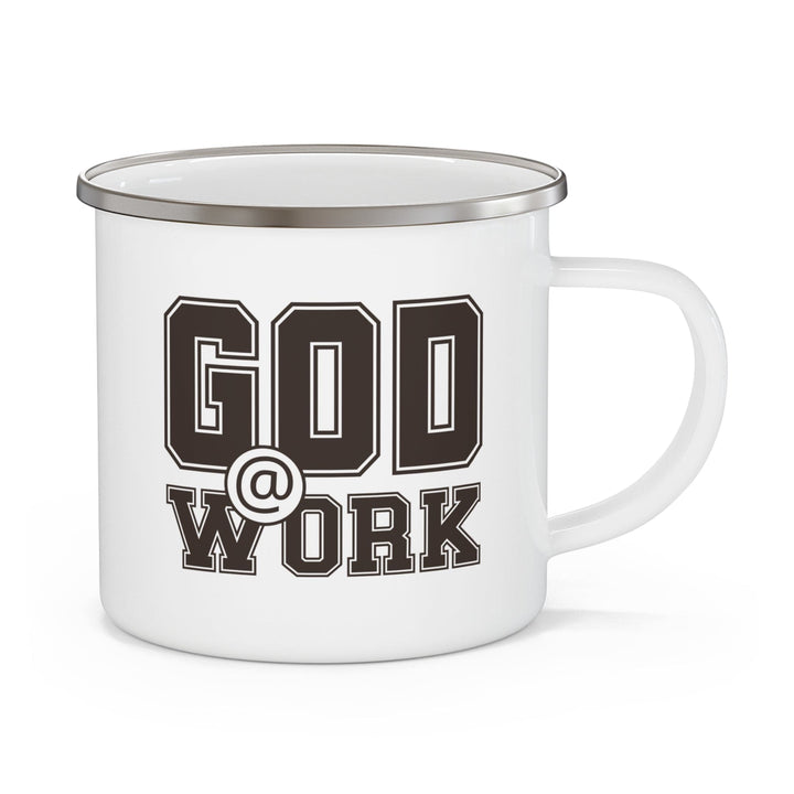 Enamel Camping Mug God @ Work Brown and White Print - Decorative | Enamel Mugs