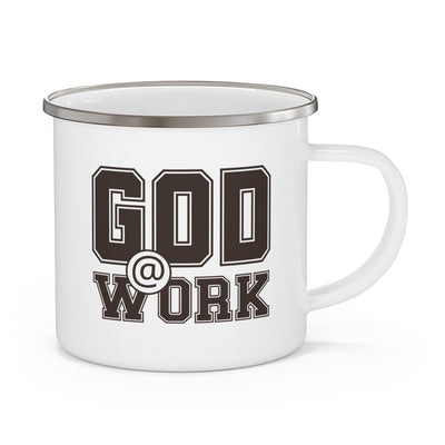 Enamel Camping Mug God @ Work Brown And White Print - Decorative | Mugs