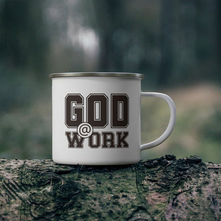 Enamel Camping Mug God @ Work Brown and White Print - Decorative | Enamel Mugs