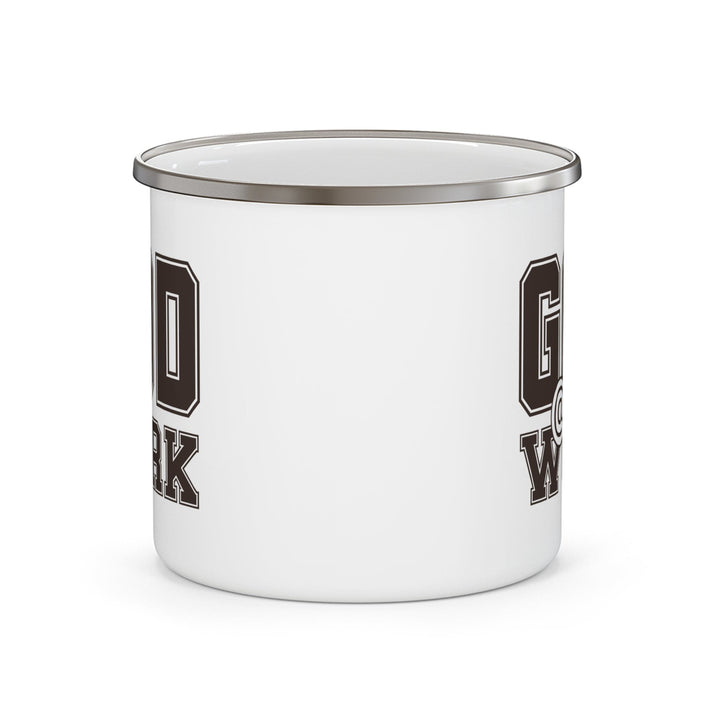 Enamel Camping Mug God @ Work Brown and White Print - Decorative | Enamel Mugs