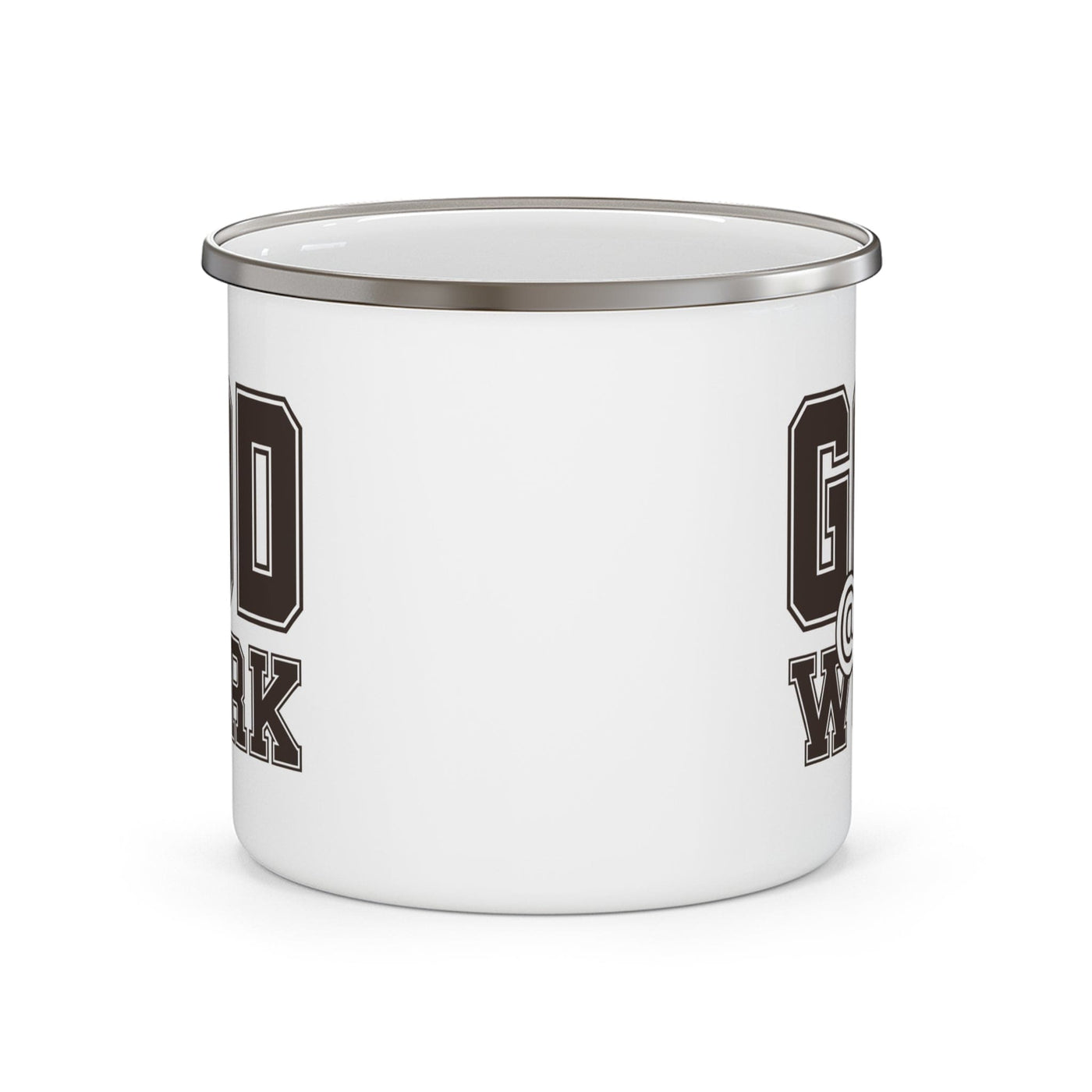 Enamel Camping Mug God @ Work Brown And White Print - Decorative | Mugs