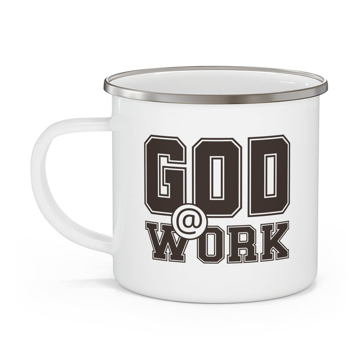 Enamel Camping Mug God @ Work Brown and White Print - Decorative | Enamel Mugs