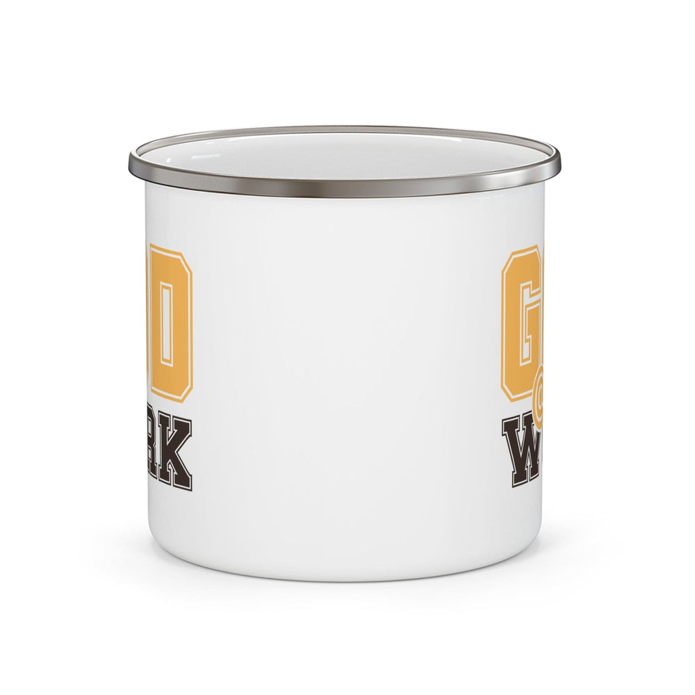 Enamel Camping Mug God @ Work Golden Yellow and Brown Print - Decorative