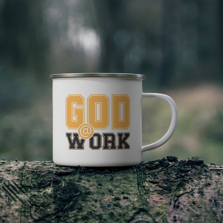 Enamel Camping Mug God @ Work Golden Yellow and Brown Print - Decorative