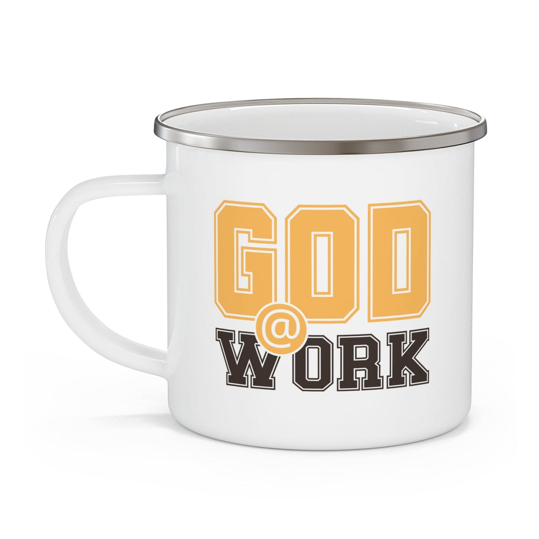 Enamel Camping Mug God @ Work Golden Yellow and Brown Print - Decorative