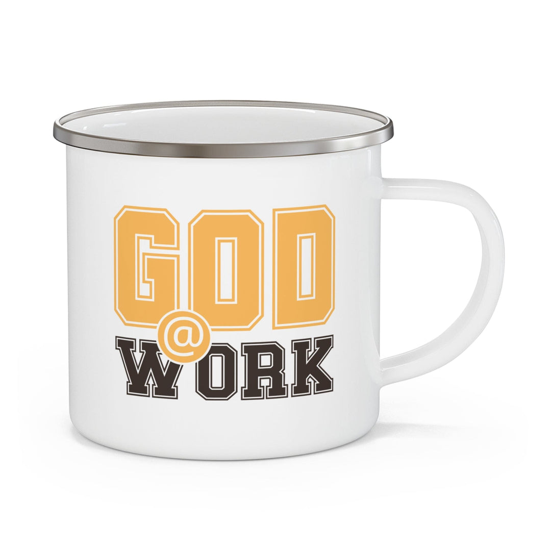 Enamel Camping Mug God @ Work Golden Yellow and Brown Print - Decorative