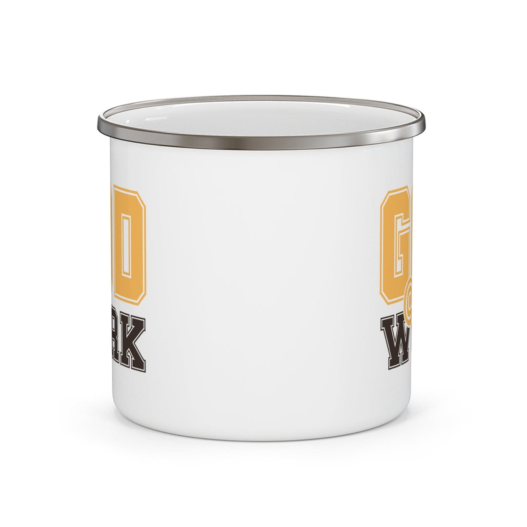 Enamel Camping Mug God @ Work Golden Yellow and Brown Print - Decorative