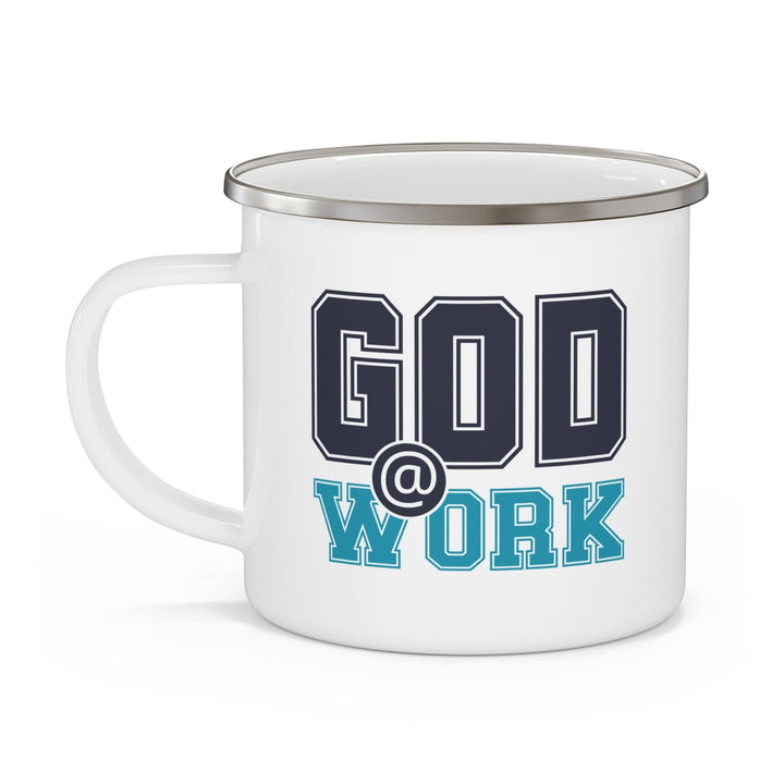 Enamel Camping Mug God @ Work Navy Blue and Blue Green Print - Decorative