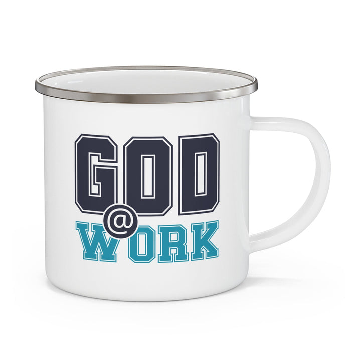 Enamel Camping Mug God @ Work Navy Blue and Blue Green Print - Decorative