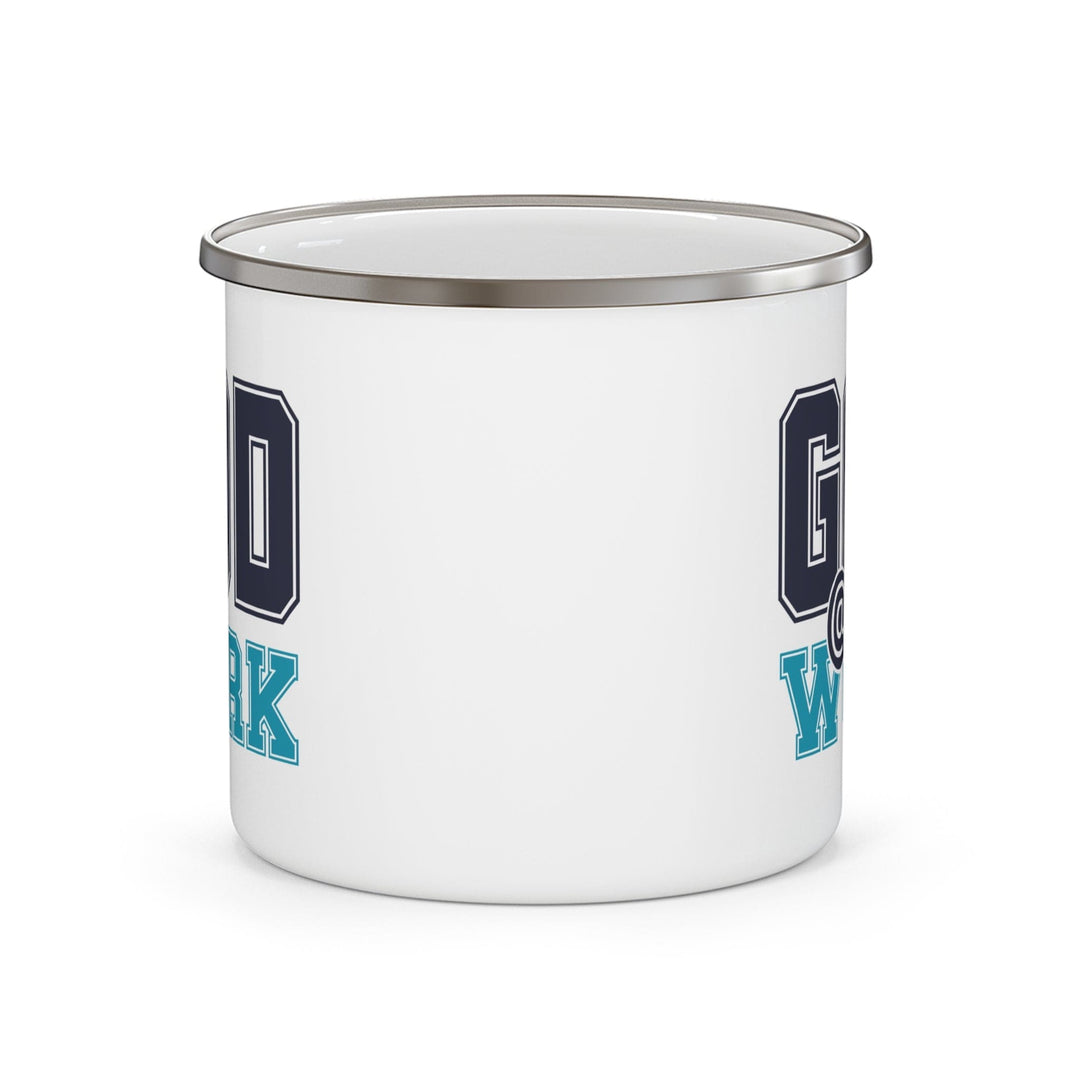 Enamel Camping Mug God @ Work Navy Blue and Blue Green Print - Decorative