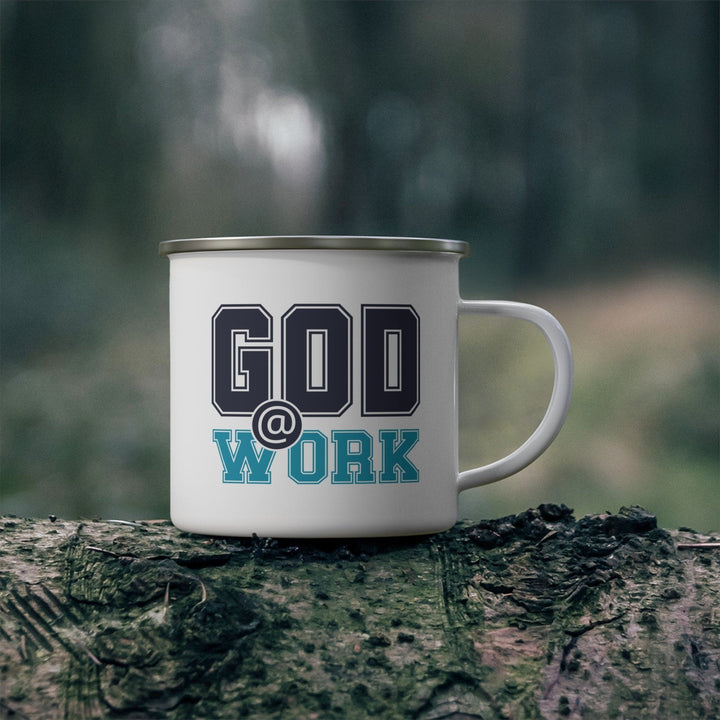 Enamel Camping Mug God @ Work Navy Blue and Blue Green Print - Decorative