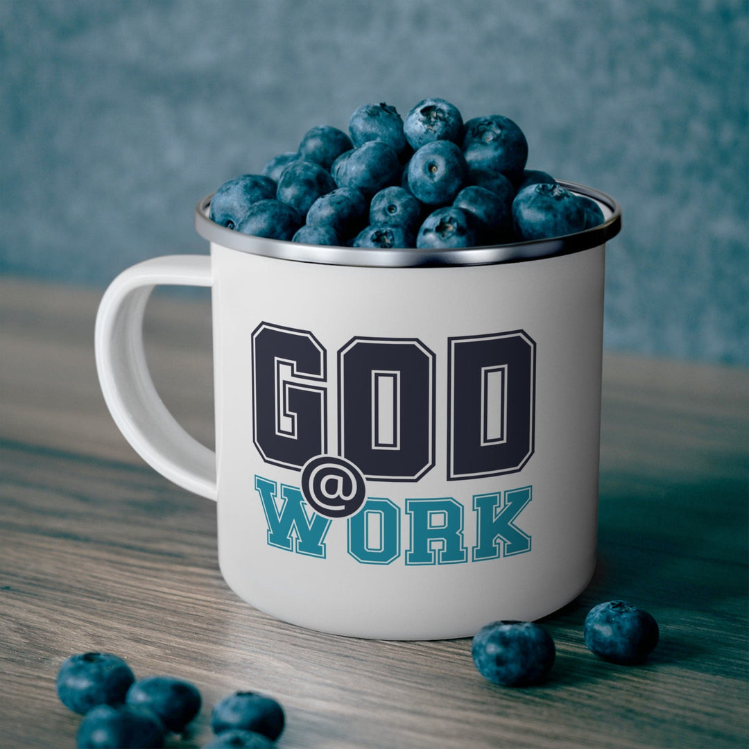 Enamel Camping Mug God @ Work Navy Blue and Blue Green Print - Decorative