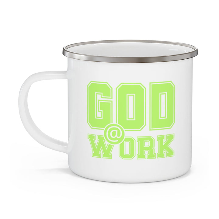 Enamel Camping Mug God @ Work Neon Green and White Print - Decorative | Enamel