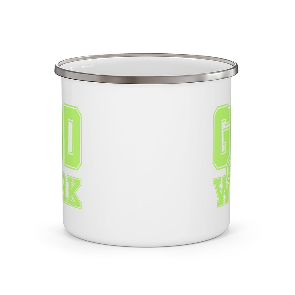 Enamel Camping Mug God @ Work Neon Green and White Print - Decorative | Enamel