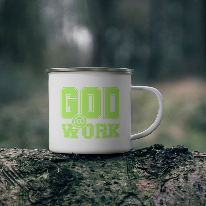 Enamel Camping Mug God @ Work Neon Green and White Print - Decorative | Enamel