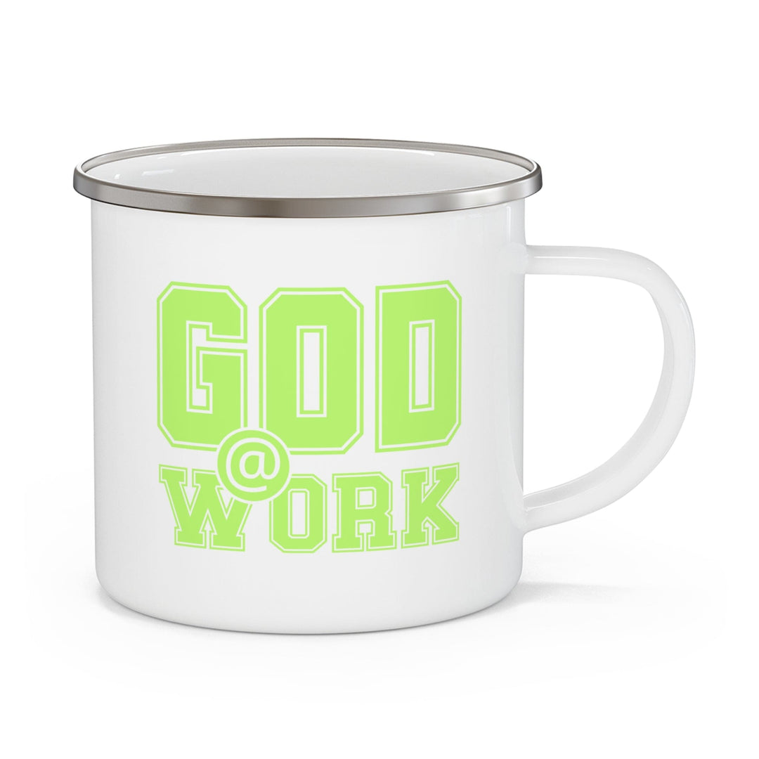 Enamel Camping Mug God @ Work Neon Green and White Print - Decorative | Enamel