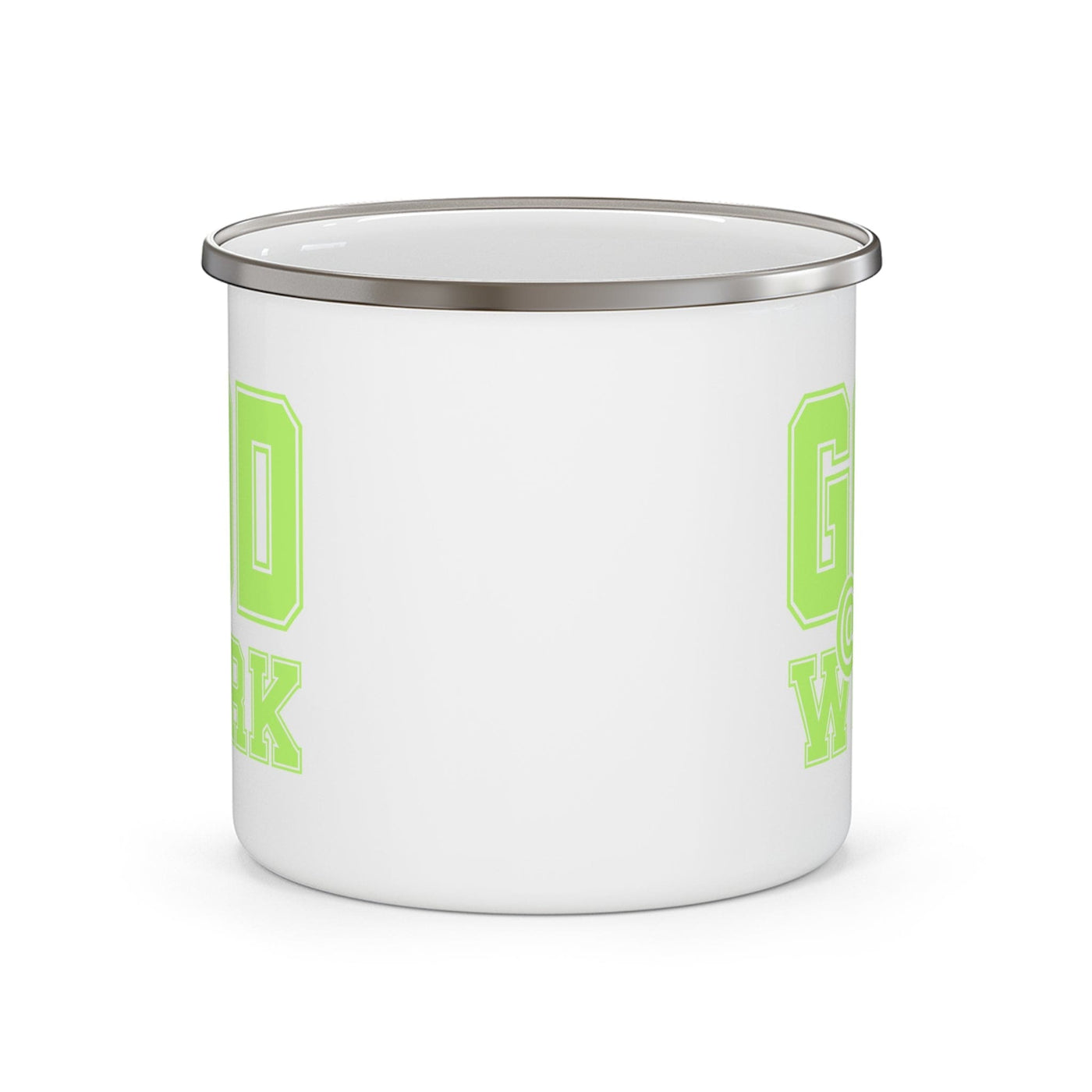 Enamel Camping Mug God @ Work Neon Green And White Print - Decorative | Mugs