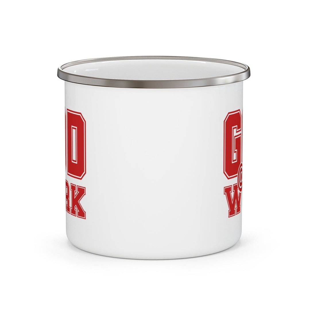 Enamel Camping Mug God @ Work Red and White Print - Decorative | Enamel Mugs