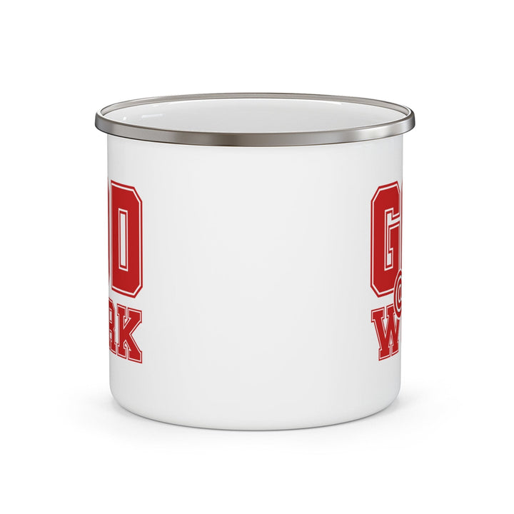 Enamel Camping Mug God @ Work Red and White Print - Decorative | Enamel Mugs