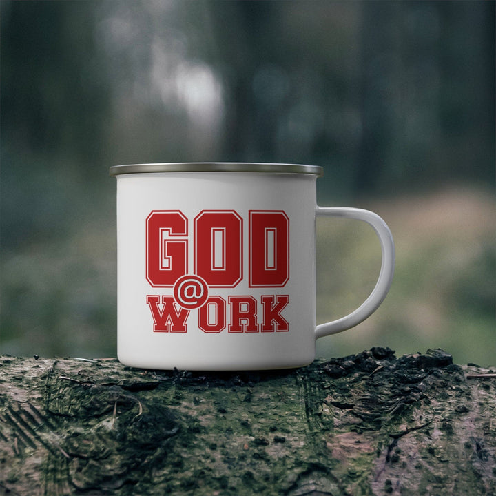 Enamel Camping Mug God @ Work Red and White Print - Decorative | Enamel Mugs