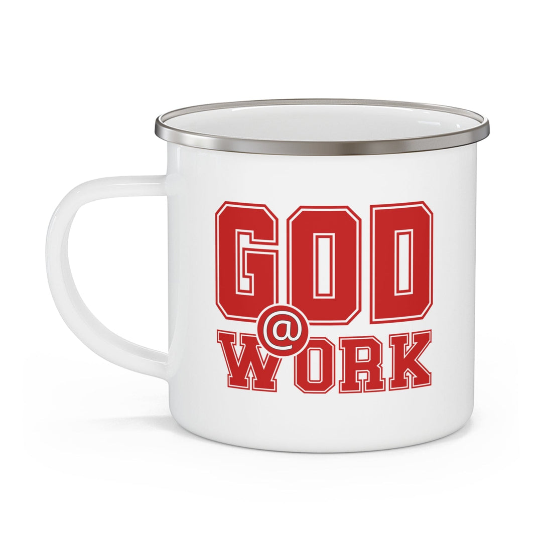 Enamel Camping Mug God @ Work Red and White Print - Decorative | Enamel Mugs