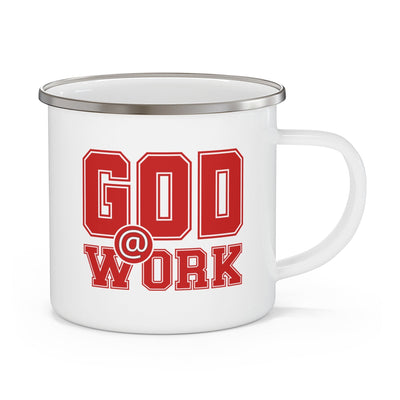 Enamel Camping Mug God @ Work Red And White Print - Decorative | Mugs