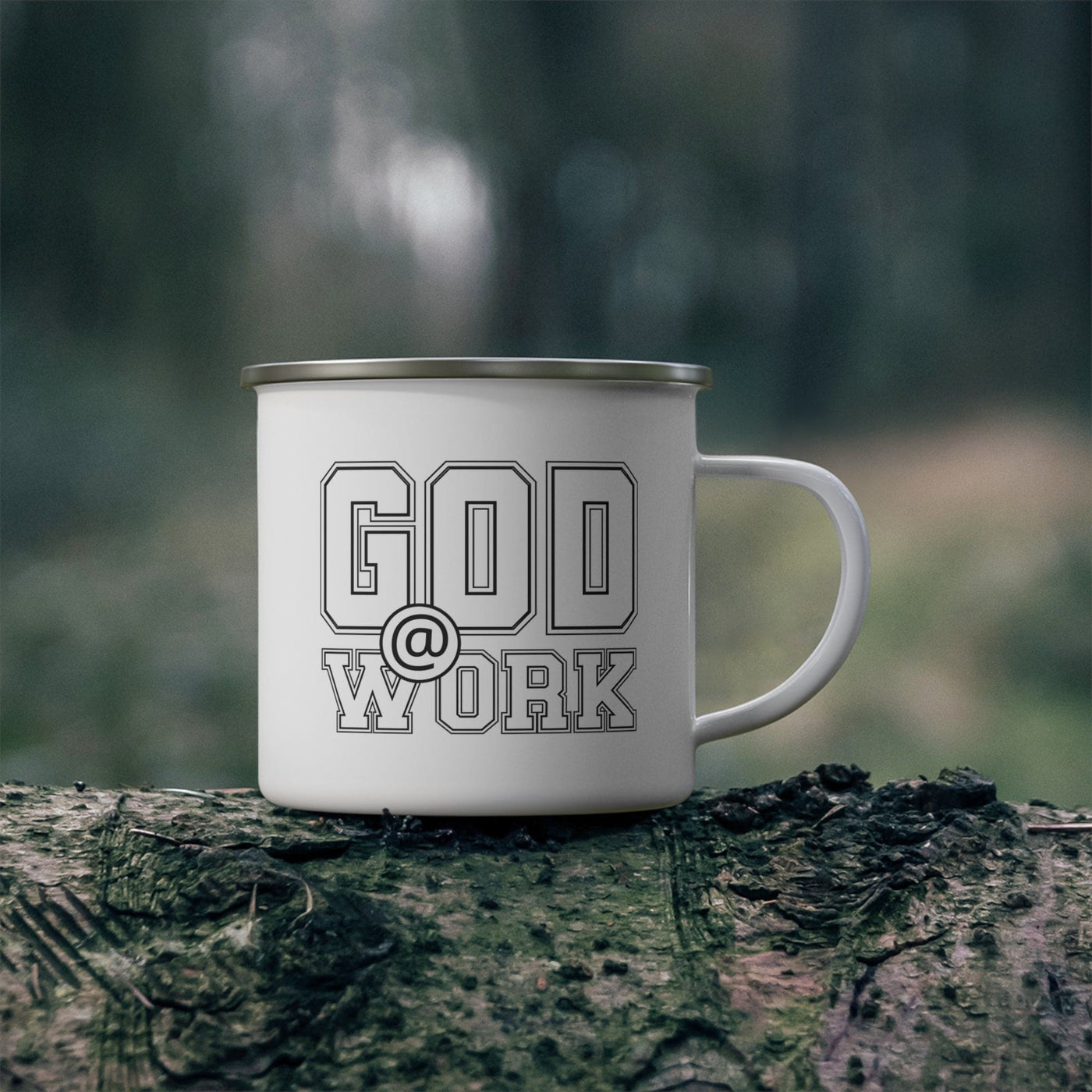 Enamel Camping Mug God @ Work White And Black Print - Decorative | Mugs