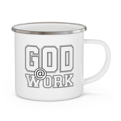Enamel Camping Mug God @ Work White And Black Print - Decorative | Mugs