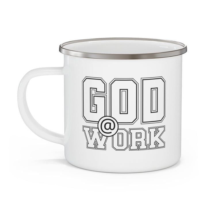 Enamel Camping Mug God @ Work White and Black Print - Decorative | Enamel Mugs