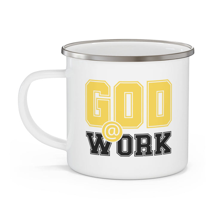 Enamel Camping Mug God @ Work Yellow and Black Print - Decorative | Enamel Mugs