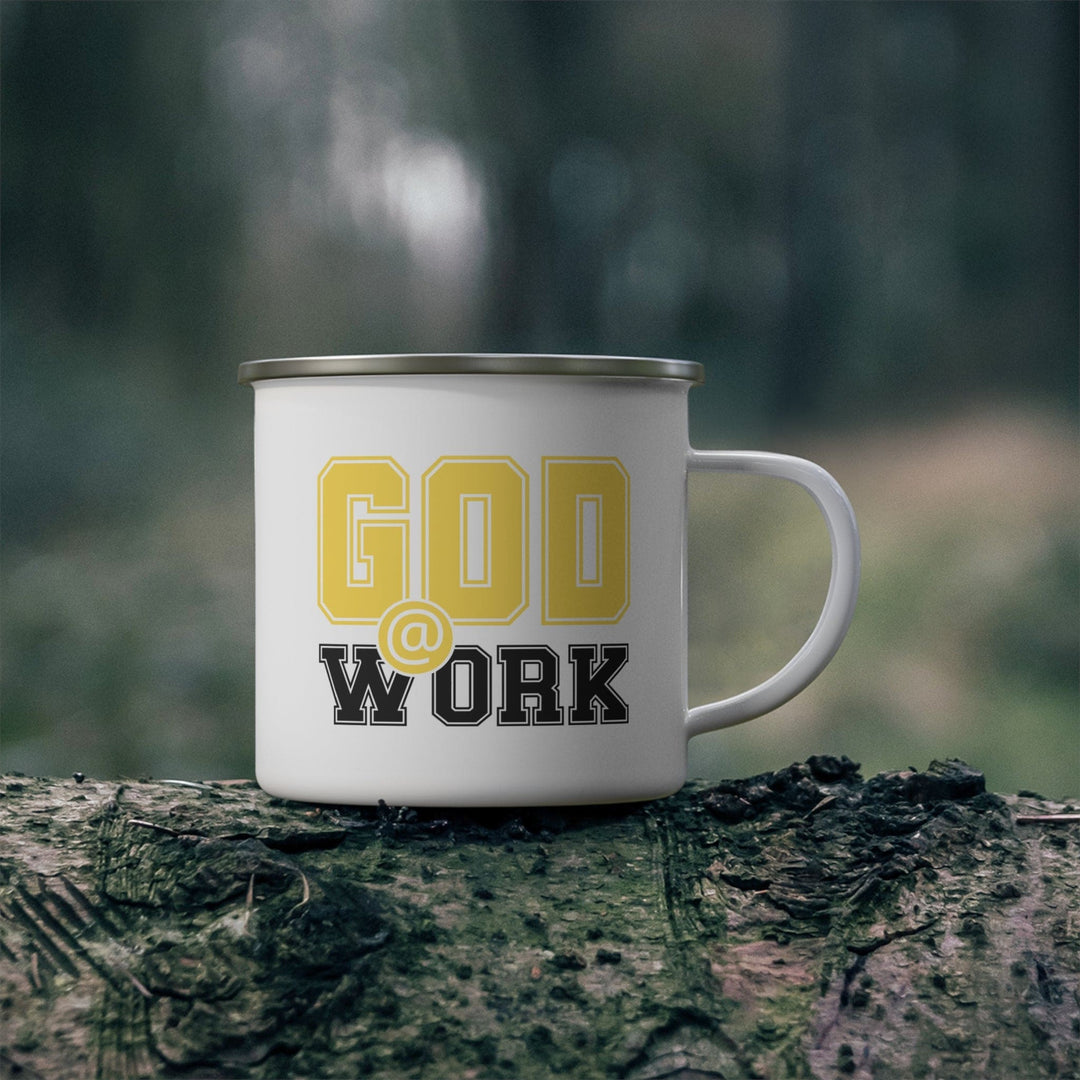 Enamel Camping Mug God @ Work Yellow and Black Print - Decorative | Enamel Mugs