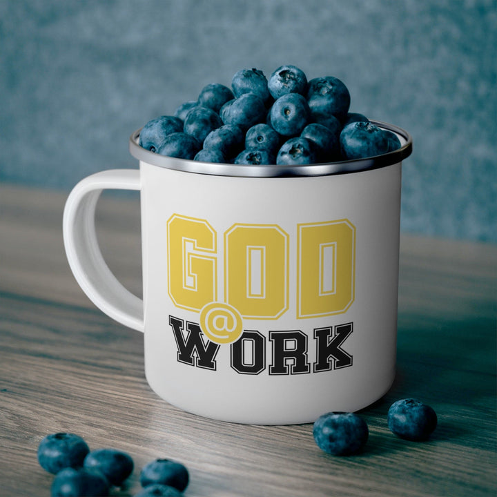 Enamel Camping Mug God @ Work Yellow and Black Print - Decorative | Enamel Mugs