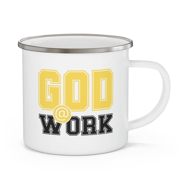 Enamel Camping Mug God @ Work Yellow and Black Print - Decorative | Enamel Mugs