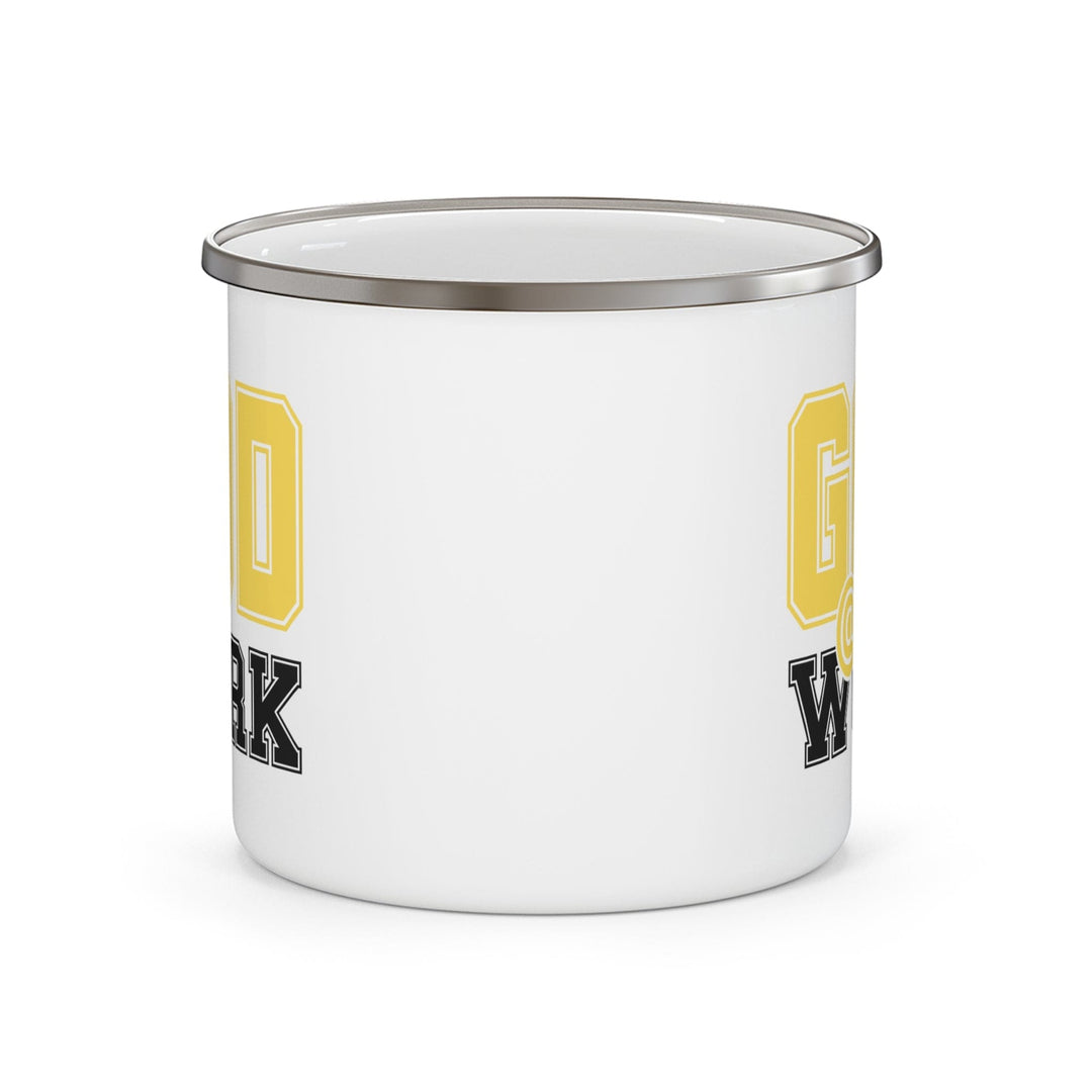 Enamel Camping Mug God @ Work Yellow and Black Print - Decorative | Enamel Mugs