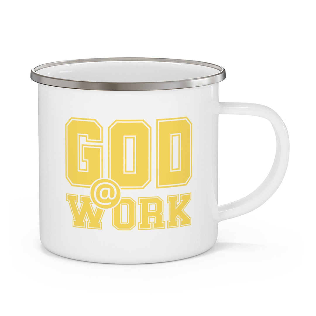 Enamel Camping Mug God @ Work Yellow and White Print - Decorative | Enamel Mugs