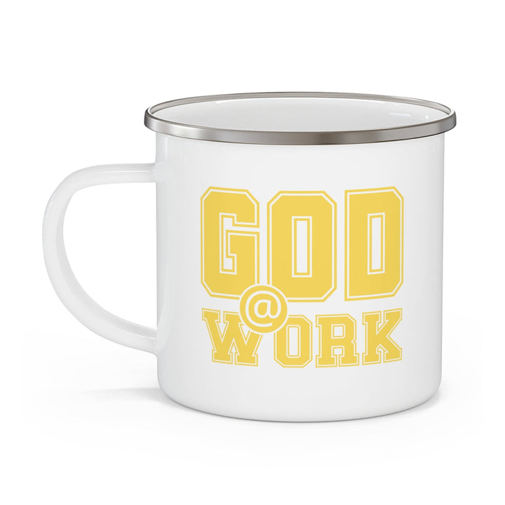 Enamel Camping Mug God @ Work Yellow and White Print - Decorative | Enamel Mugs