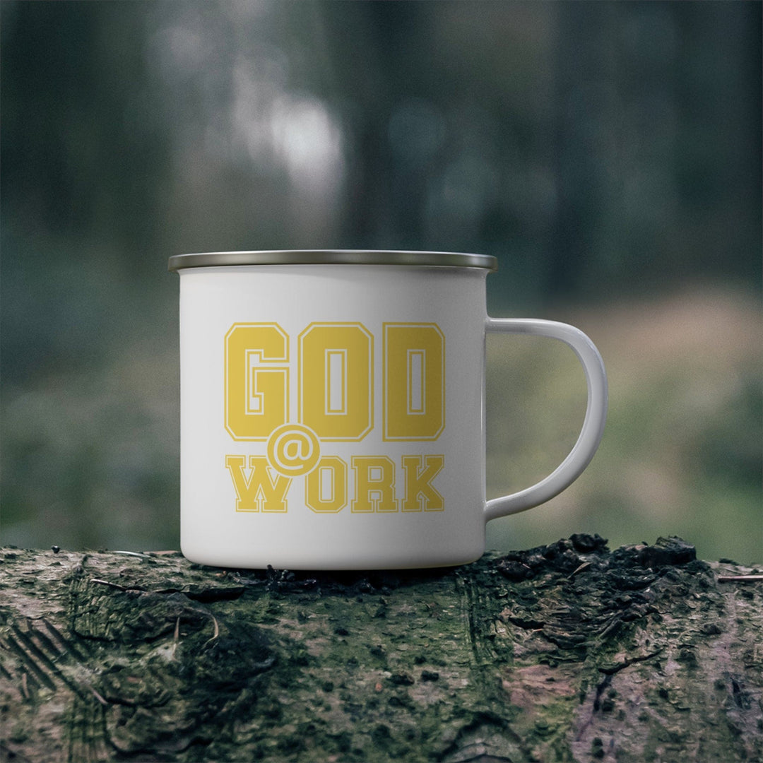 Enamel Camping Mug God @ Work Yellow and White Print - Decorative | Enamel Mugs