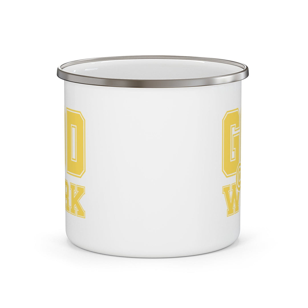 Enamel Camping Mug God @ Work Yellow and White Print - Decorative | Enamel Mugs