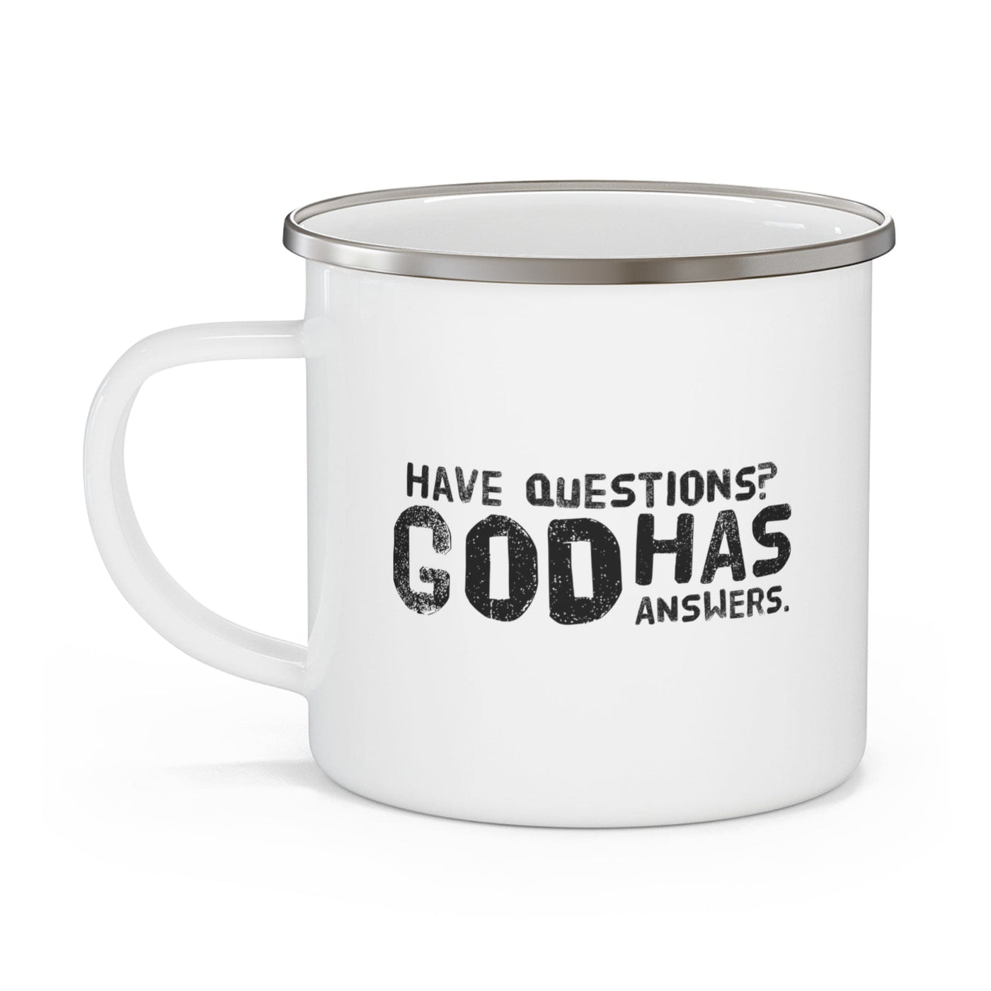 Enamel Camping Mug Have Questions God Has Answers Black Illustration
