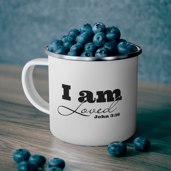 Enamel Camping Mug i am Loved - John 3:16 Black Illustration - Decorative