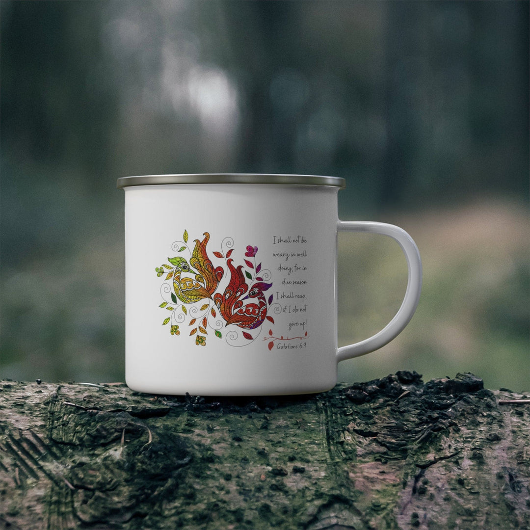 Enamel Camping Mug i Shall not be Weary in Well Doing Peacock Design