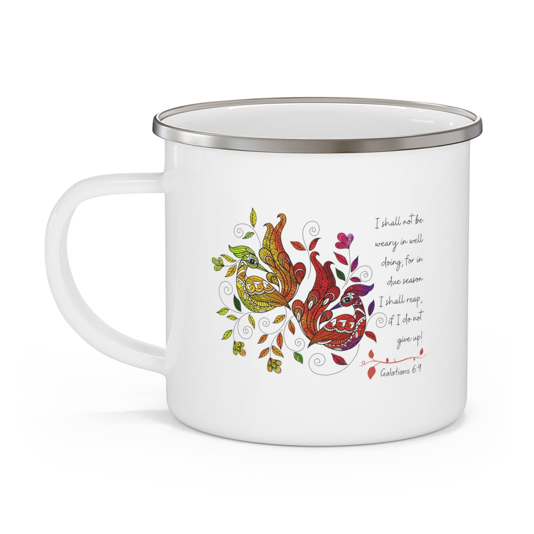 Enamel Camping Mug i Shall not be Weary in Well Doing Peacock Design