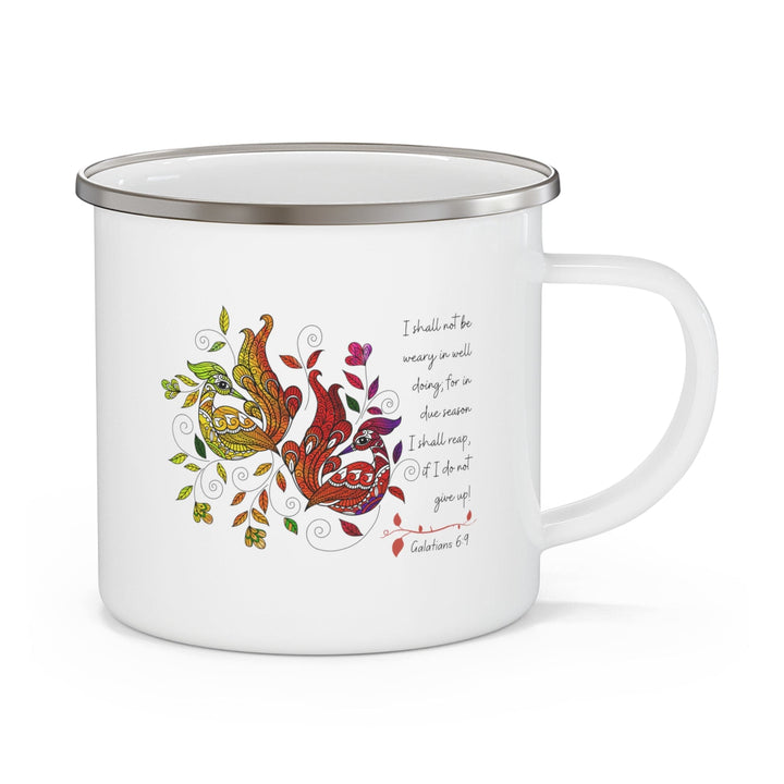 Enamel Camping Mug i Shall not be Weary in Well Doing Peacock Design