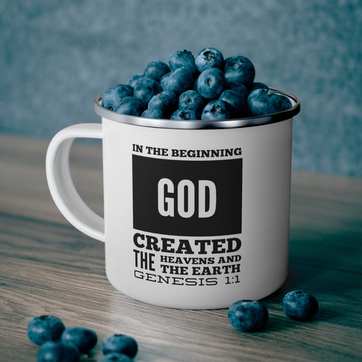 Enamel Camping Mug in the Beginning God Created the Heavens and the Earth Black