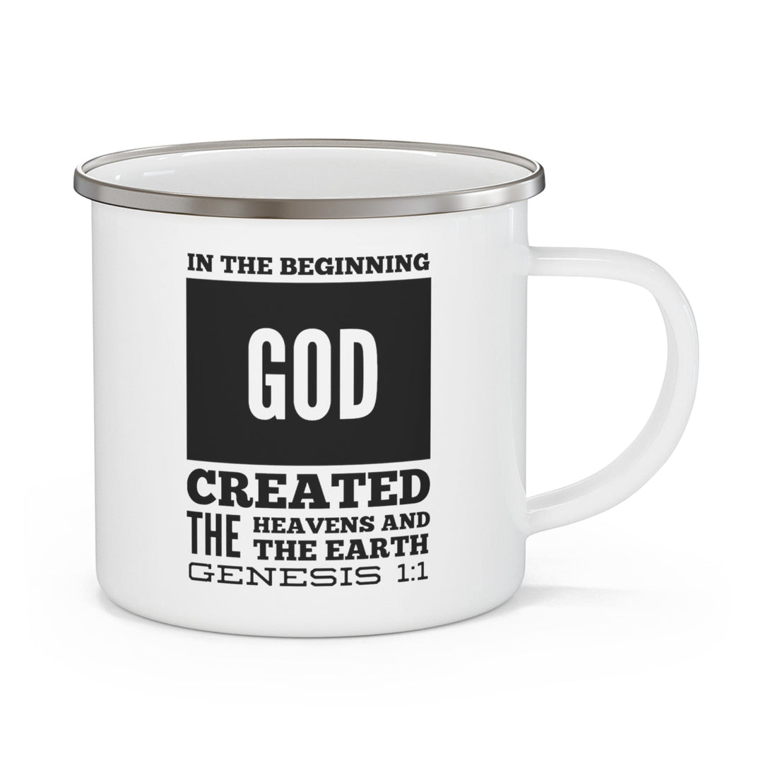 Enamel Camping Mug in the Beginning God Created the Heavens and the Earth Black